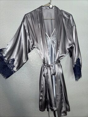 Satin Lace-Trim Robe and Chemise Set - Silver with Navy Lace